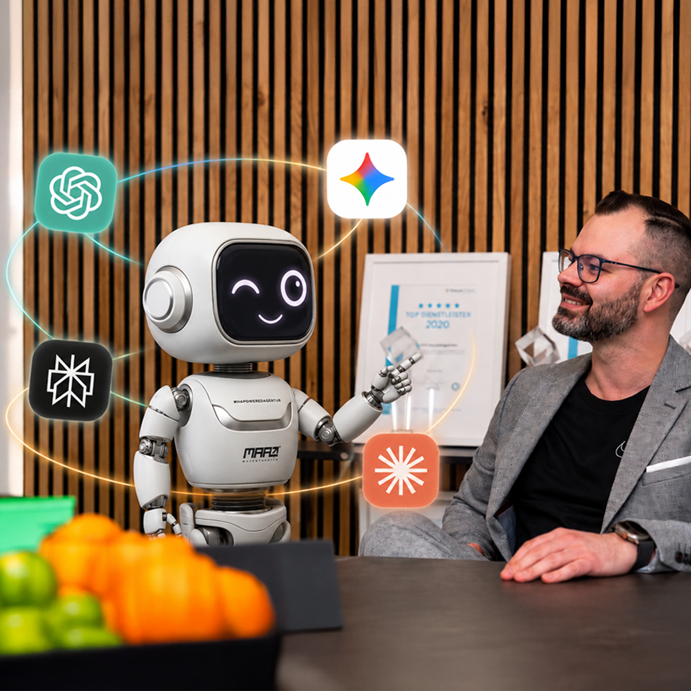 Mann blickt einem freundlichen KI-Roboter in die Augen, umgeben von Logos führender KI-Tools wie ChatGPT, Gemini, Claude und Perplexity.